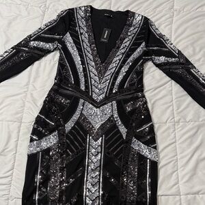 Express Black and Silver Sequin Long Sleeve Dress